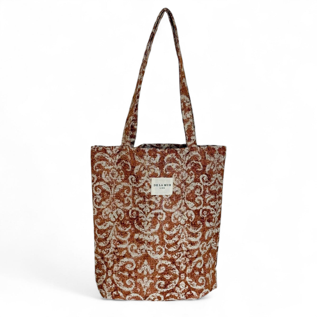DE LA MUR Mosti medium tote bag in rust and cream damask jacquard, front view