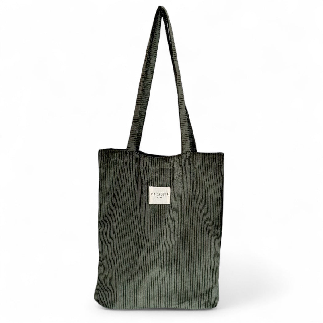 DE LA MUR Tree corduroy tote bag in green, front view