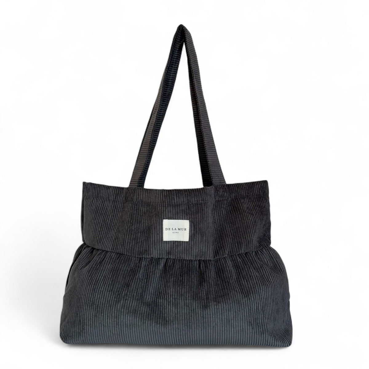 DE LA MUR Boni corduroy ruffle bag in gray, front view