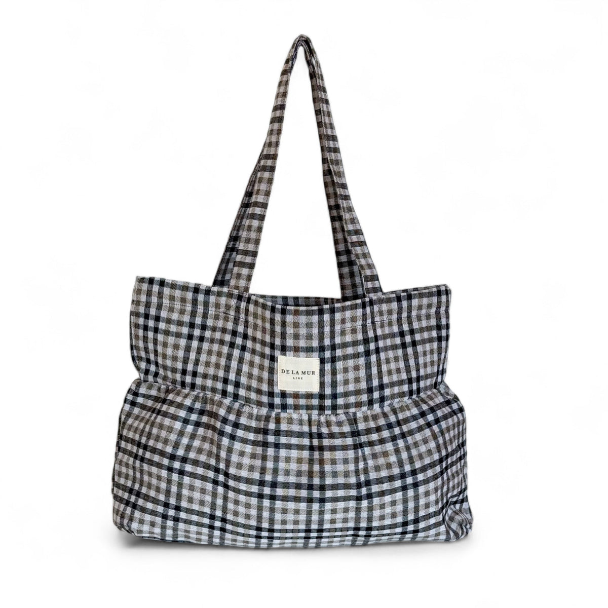 DE LA MUR Lian check jacquard ruffle tote bag in black and beige, front view