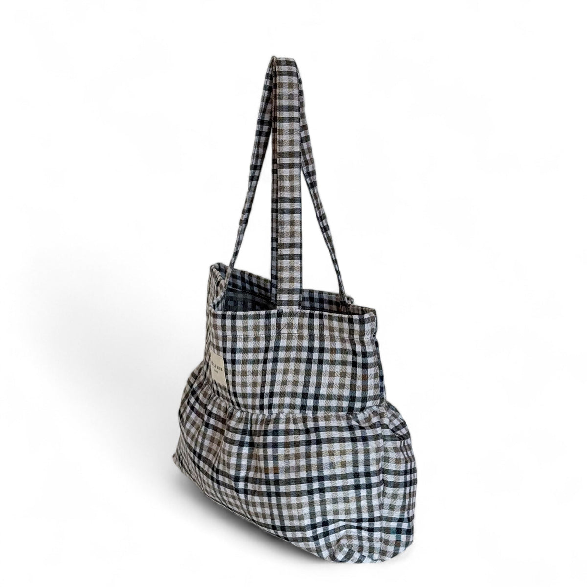 DE LA MUR Lian checked jacquard ruffle tote bag, three-quarter side view
