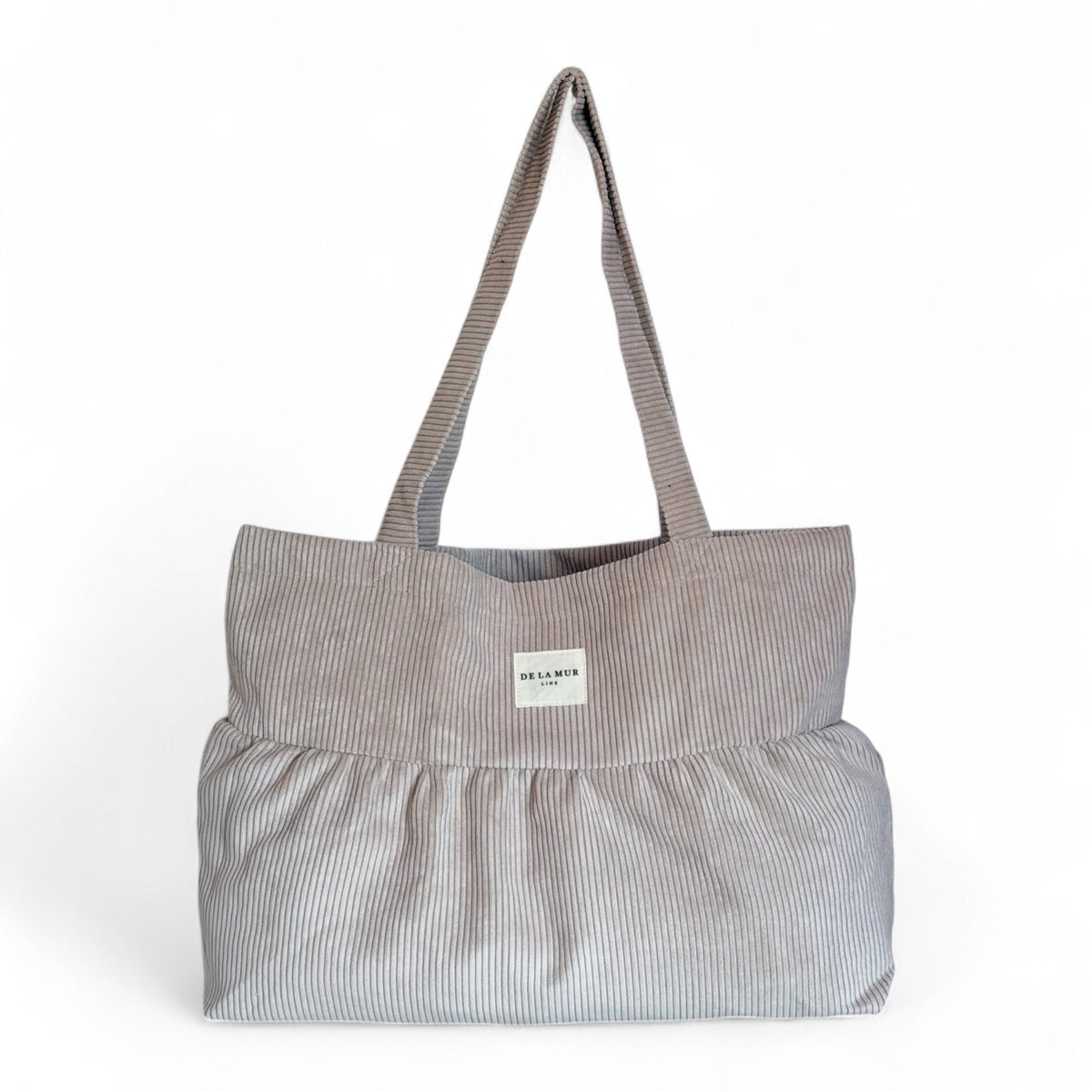 DE LA MUR beige corduroy medium ruffle tote bag, front view with shoulder straps