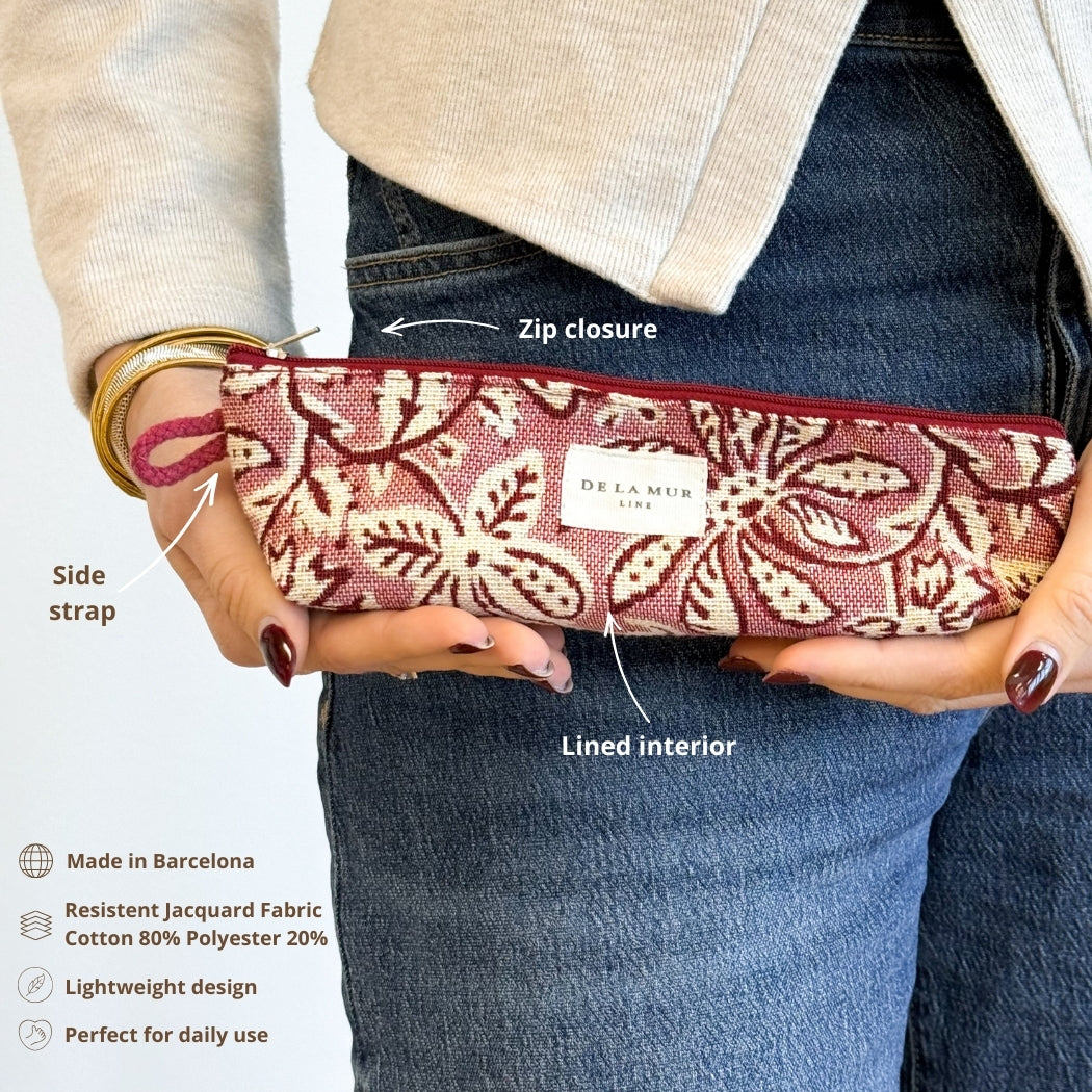 Open DE LA MUR Came pencil case showing the lined interior