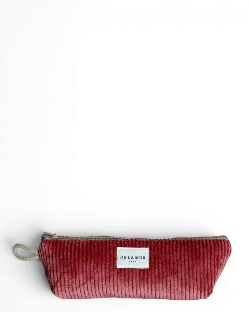 DE LA MUR Coral corduroy pencil case in red and pink with side strap, front view