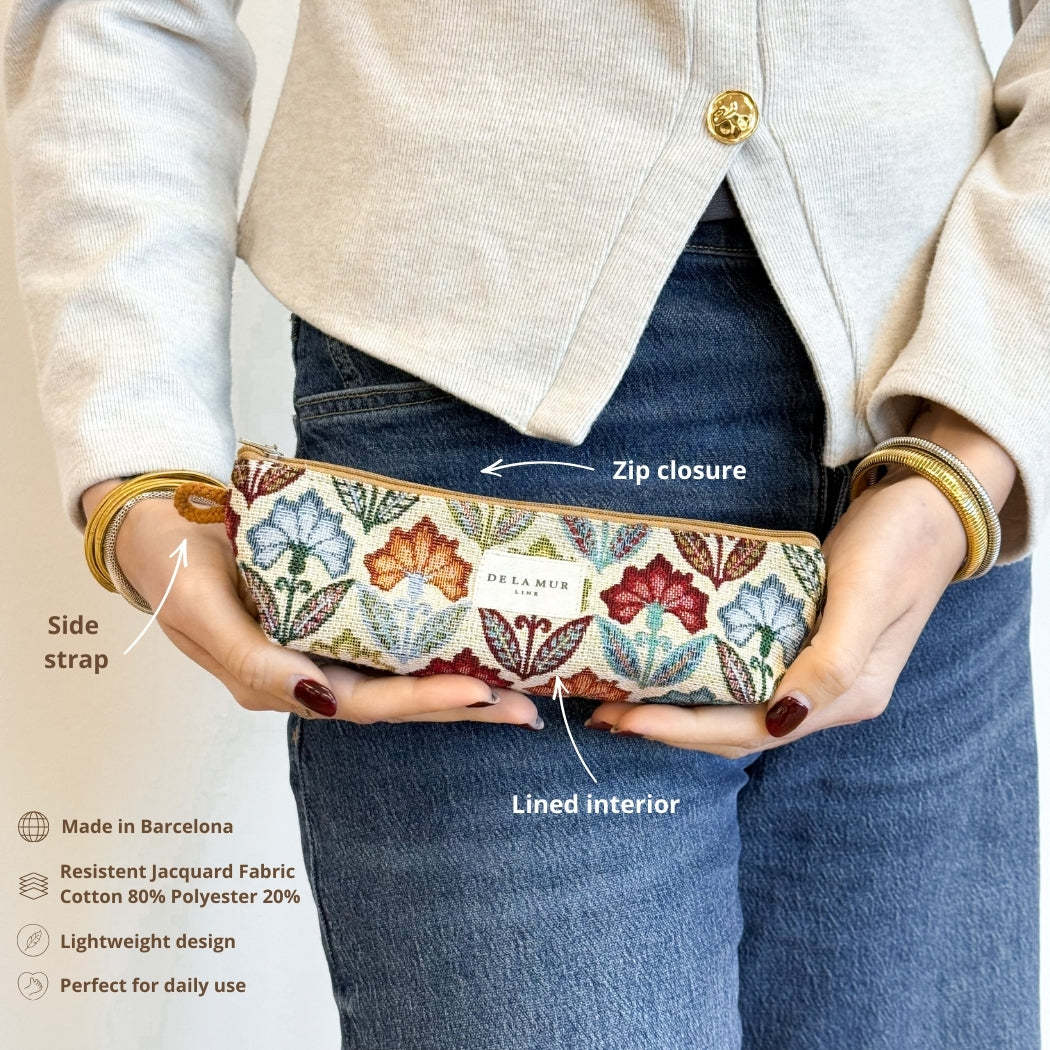 Model holding the DE LA MUR Flora pencil case, with feature callouts