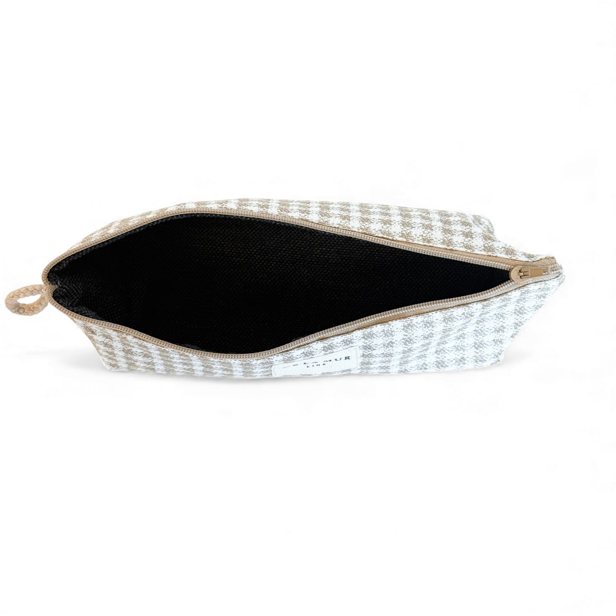 Open DE LA MUR Vison pencil case showing the black lined interior