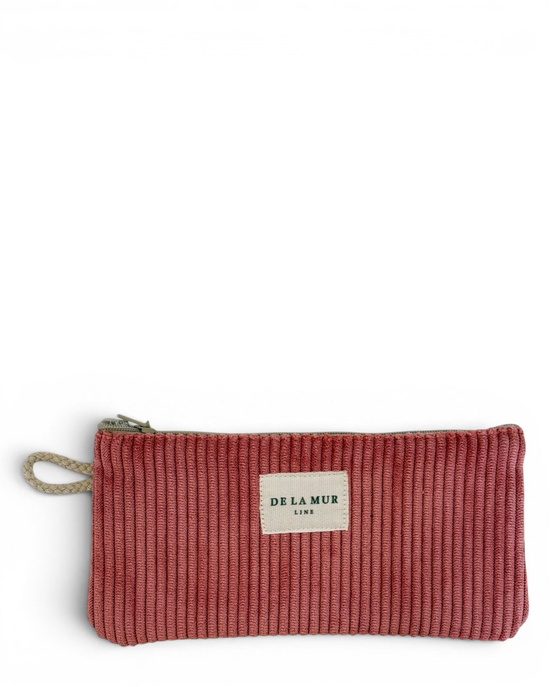 DE LA MUR coral corduroy glasses case with zip and side strap, front view