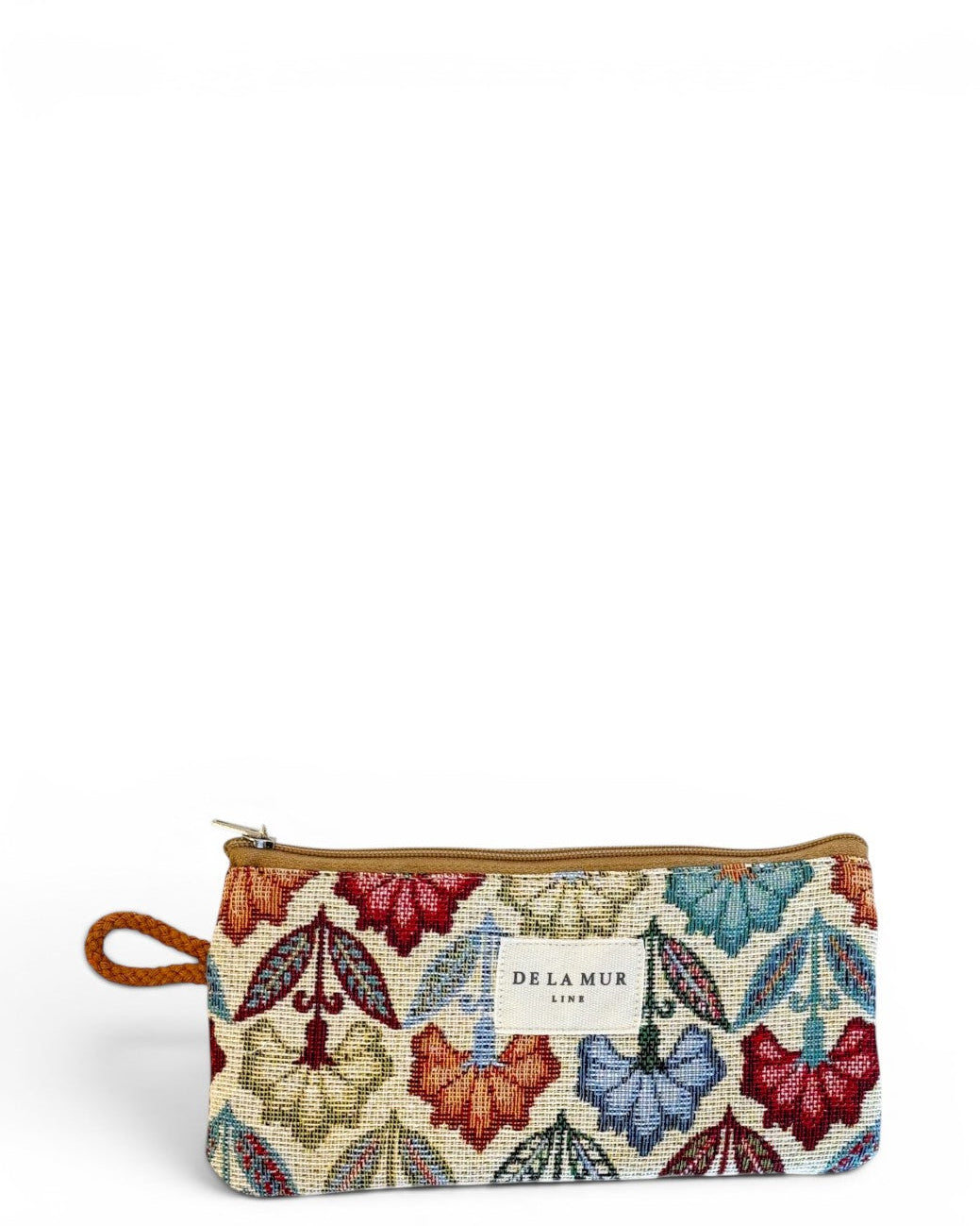 DE LA MUR Flora floral jacquard glasses case in beige and multicolor, front view