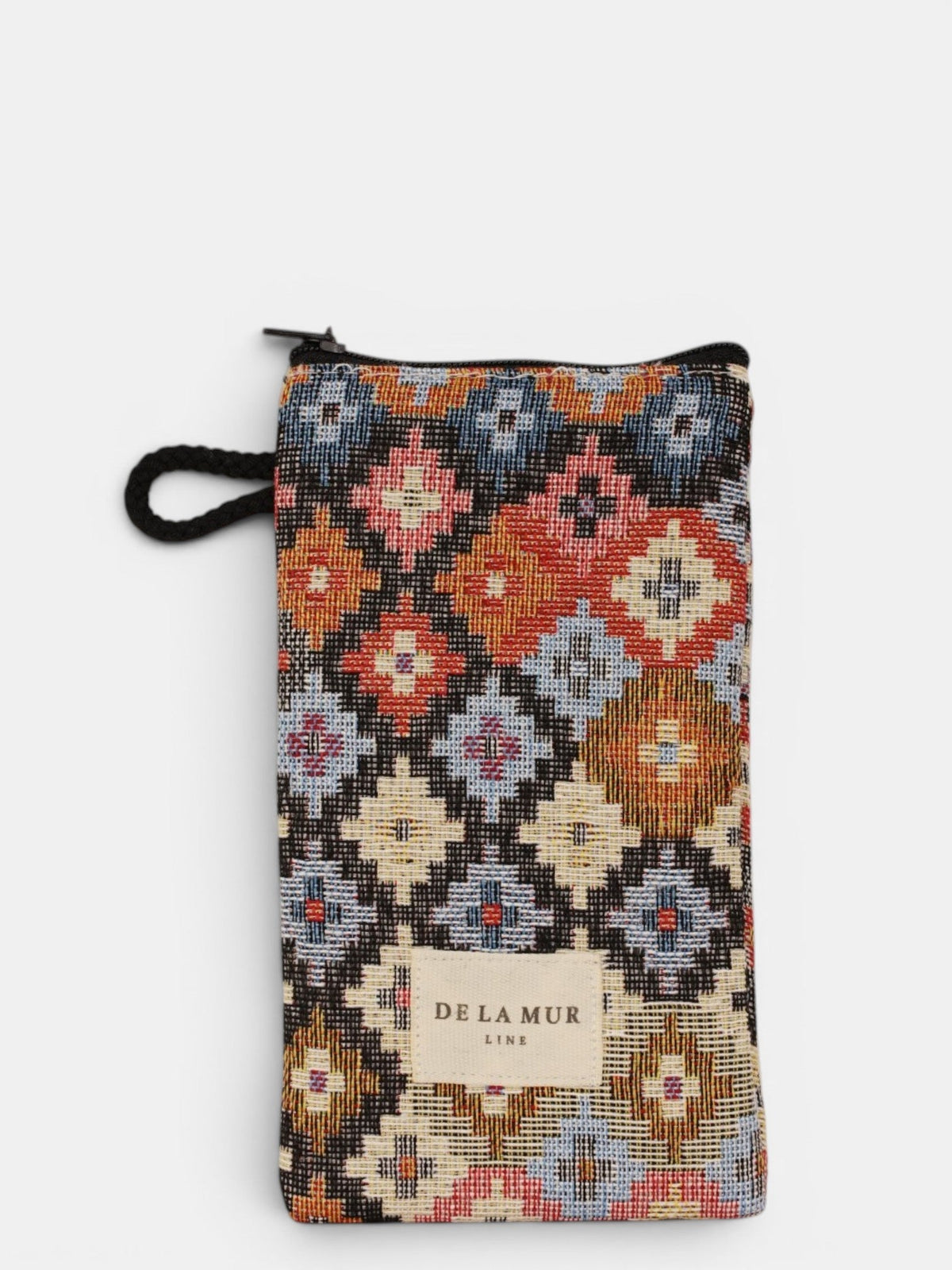 DE LA MUR Geometric Jacquard glasses case in multicolor, front view with braided wristlet