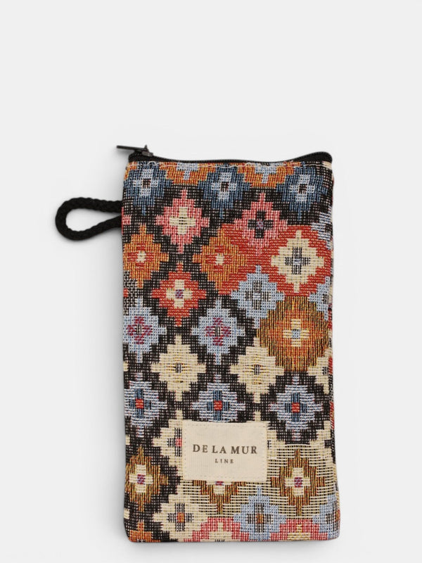 DE LA MUR Geometric Jacquard glasses case in multicolor, front view with braided wristlet