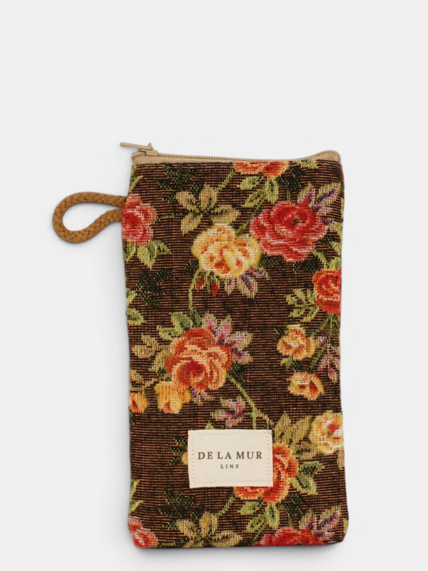 DE LA MUR floral jacquard glasses case in brown and red, front view