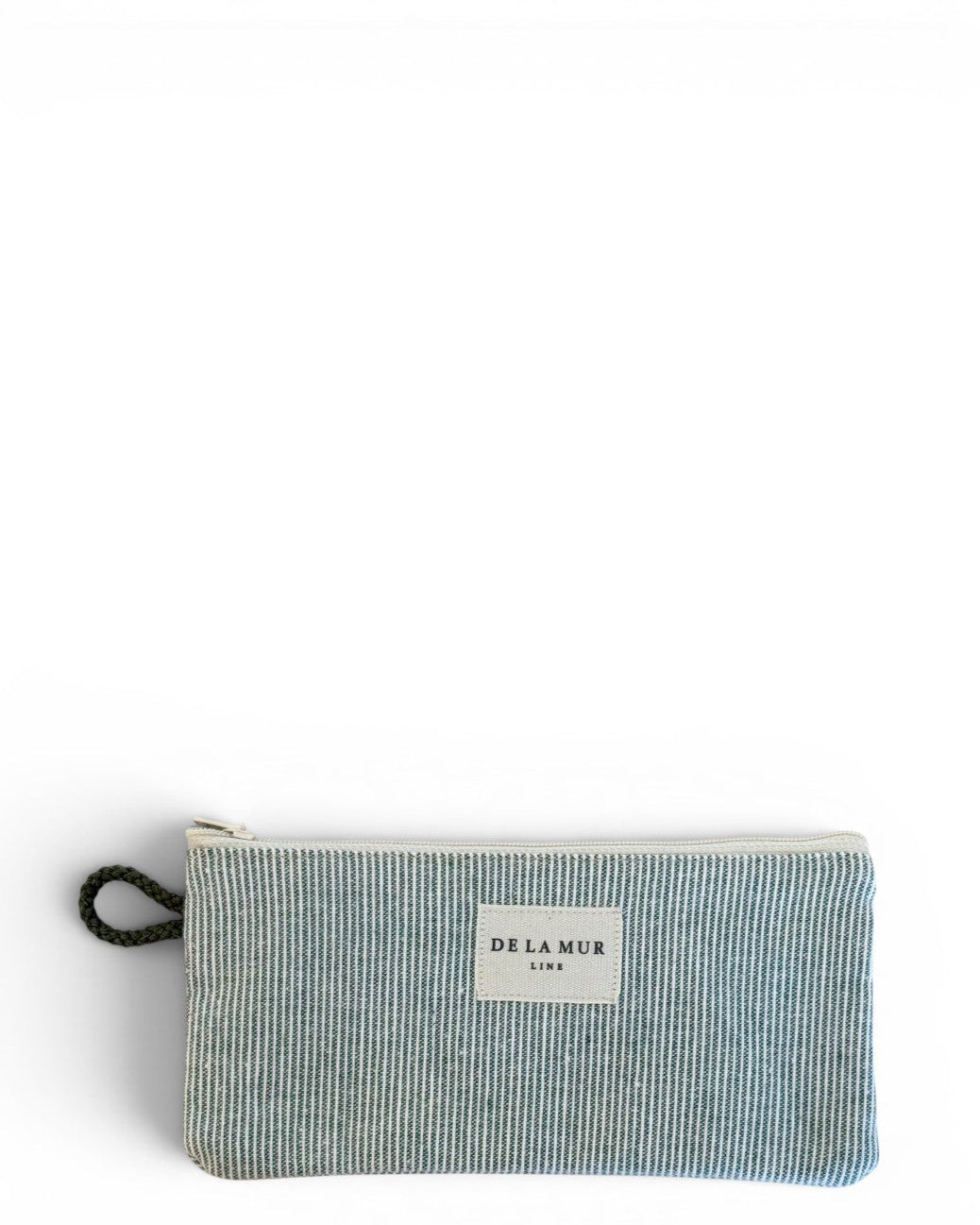 DE LA MUR Teo striped glasses case in beige and green with side strap, front view