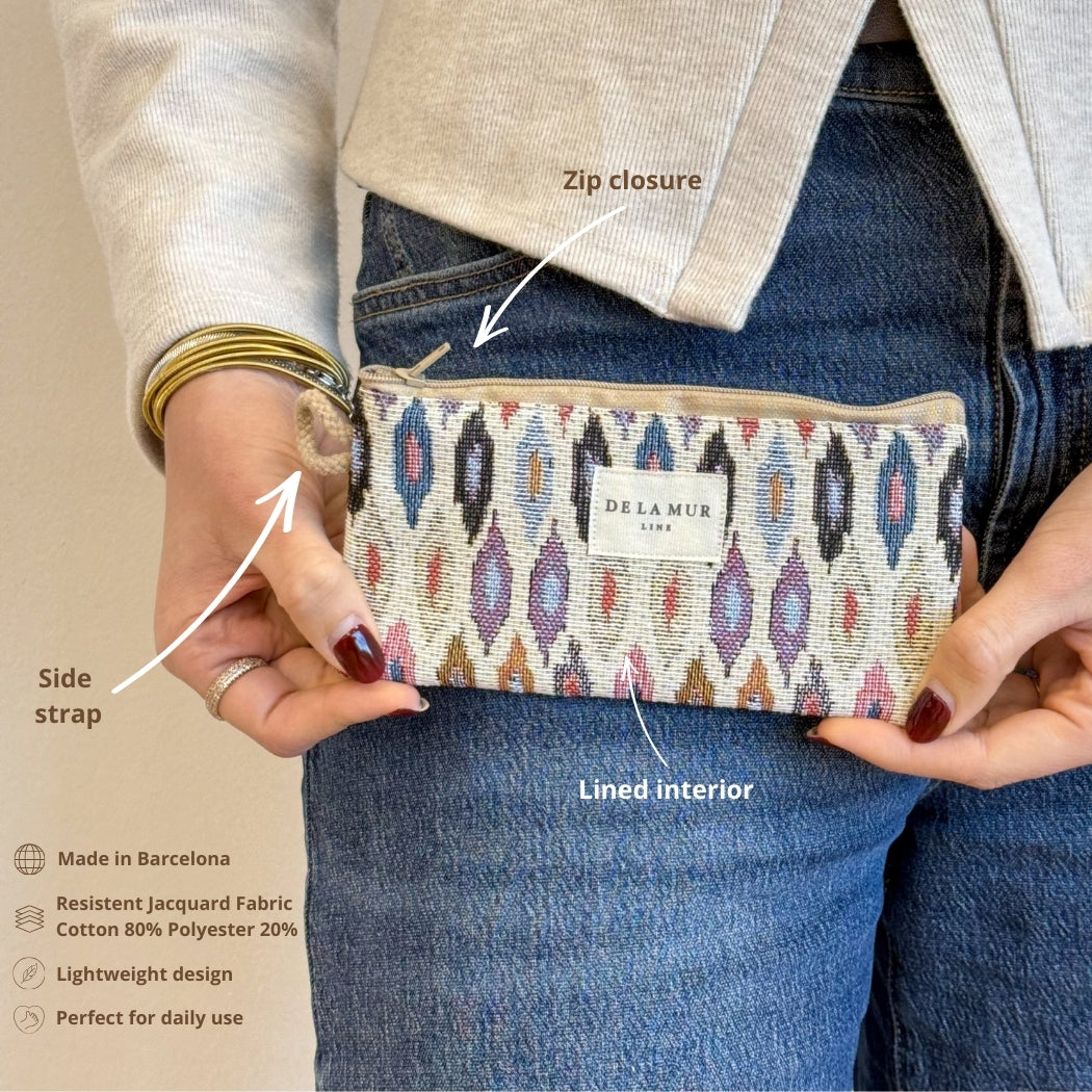 Model holding the DE LA MUR Urban jacquard eyewear case, features infographic