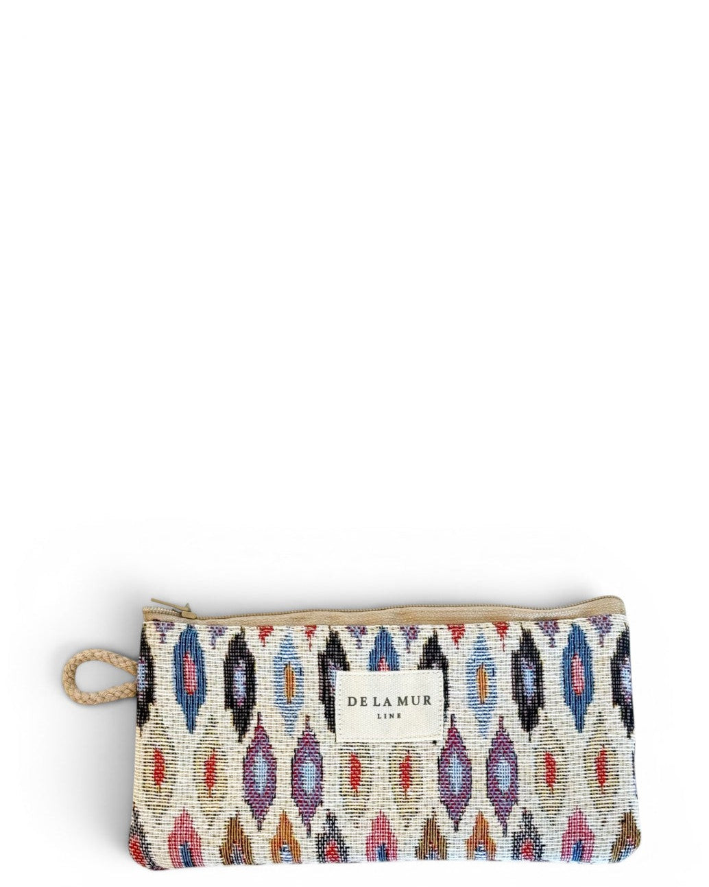 DE LA MUR Urban geometric jacquard glasses case in beige and pink, front view