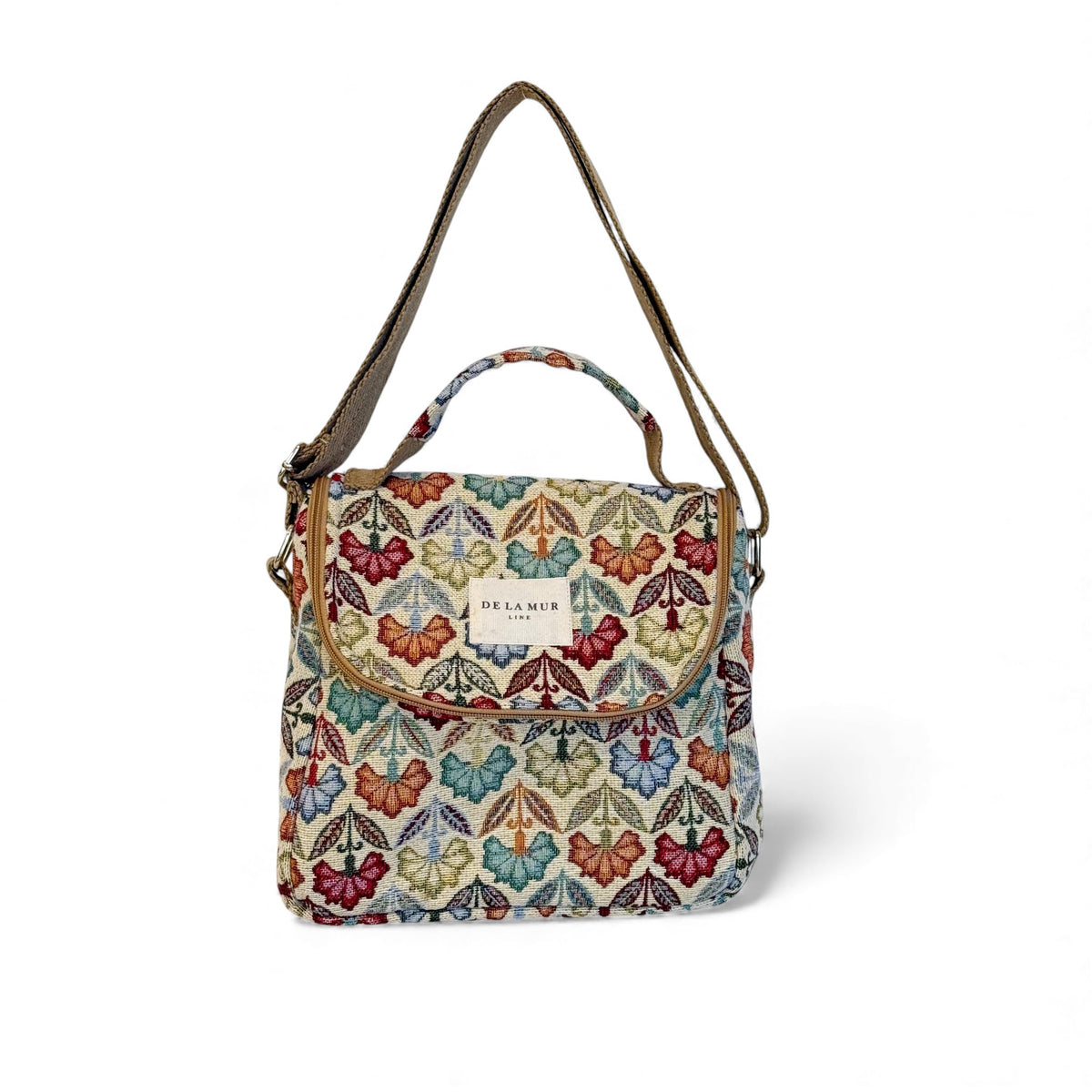 DE LA MUR Flora floral jacquard lunch bag with crossbody strap, front view