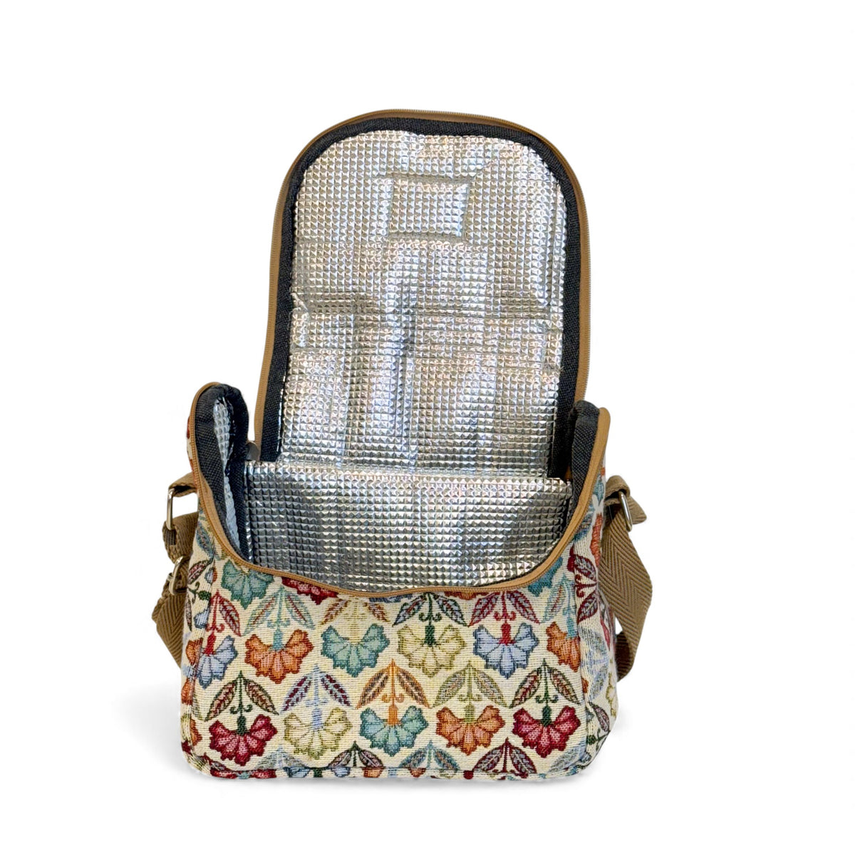 Open DE LA MUR Flora lunch bag showing the insulated foil thermal lining