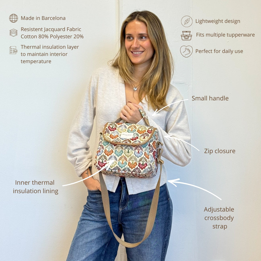 Model wearing the DE LA MUR Flora floral lunch bag, features infographic