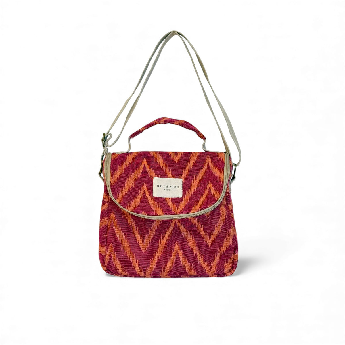 DE LA MUR Fuego zigzag jacquard lunch bag in pink and orange, front view