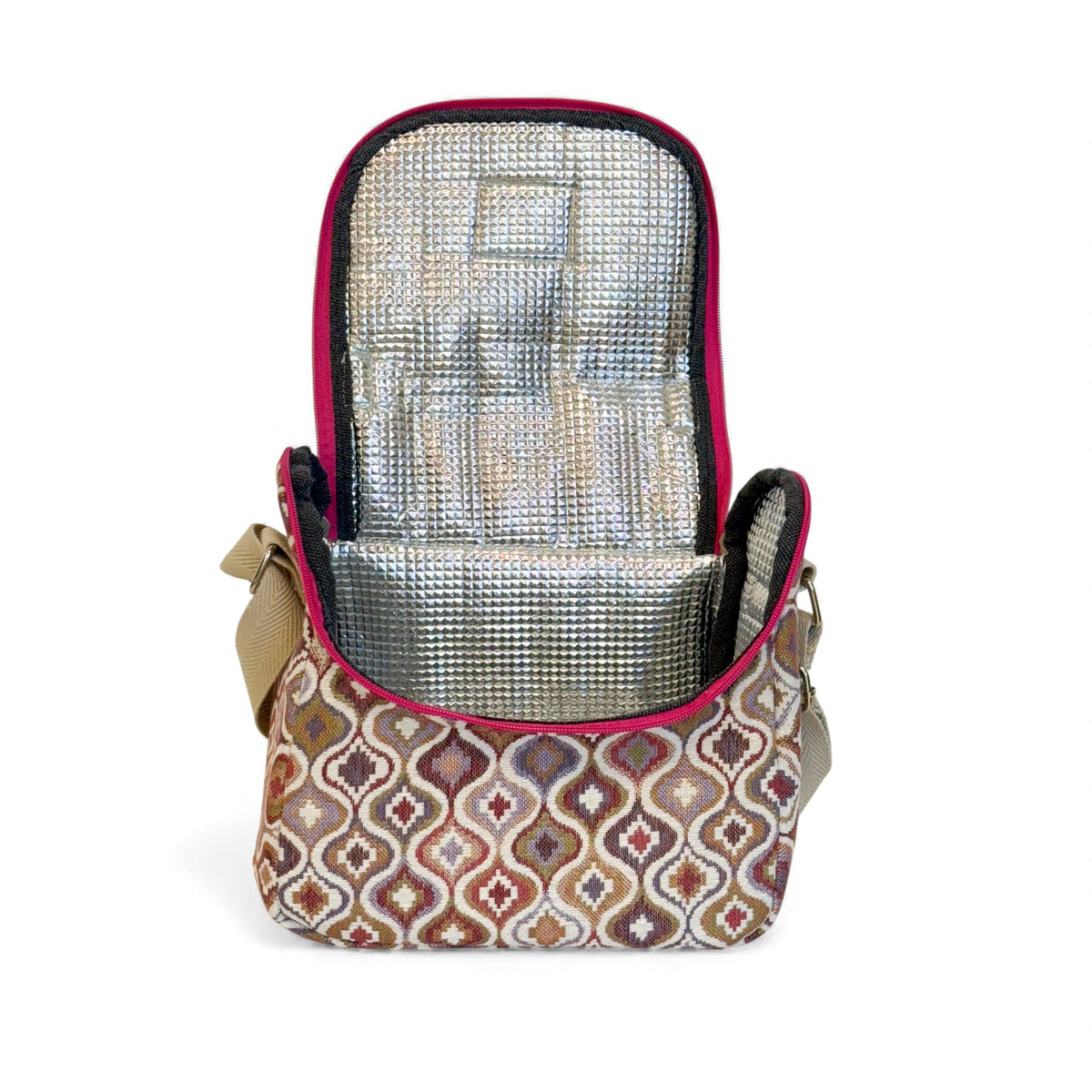 Open DE LA MUR Onda lunch bag showing the foil thermal insulated lining