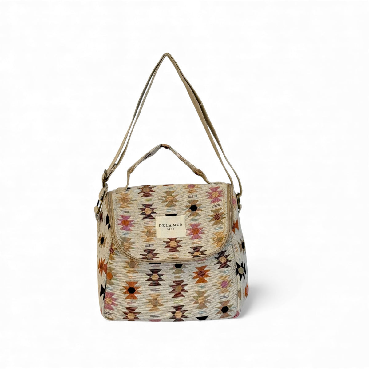 DE LA MUR Royal Aztec jacquard lunch bag in cream and multicolor, front view