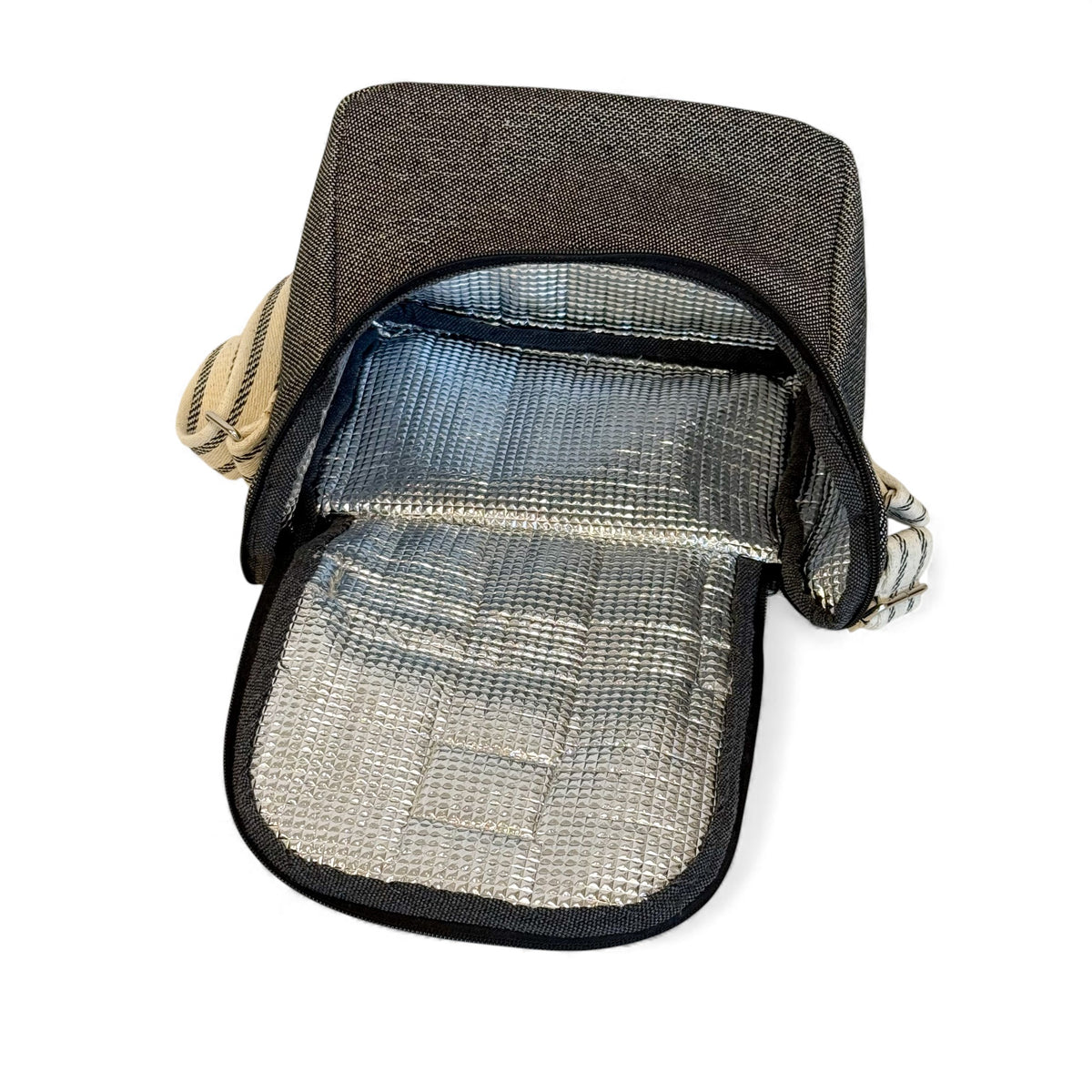 DE LA MUR Sinay lunch bag opened flat showing the insulated interior compartment