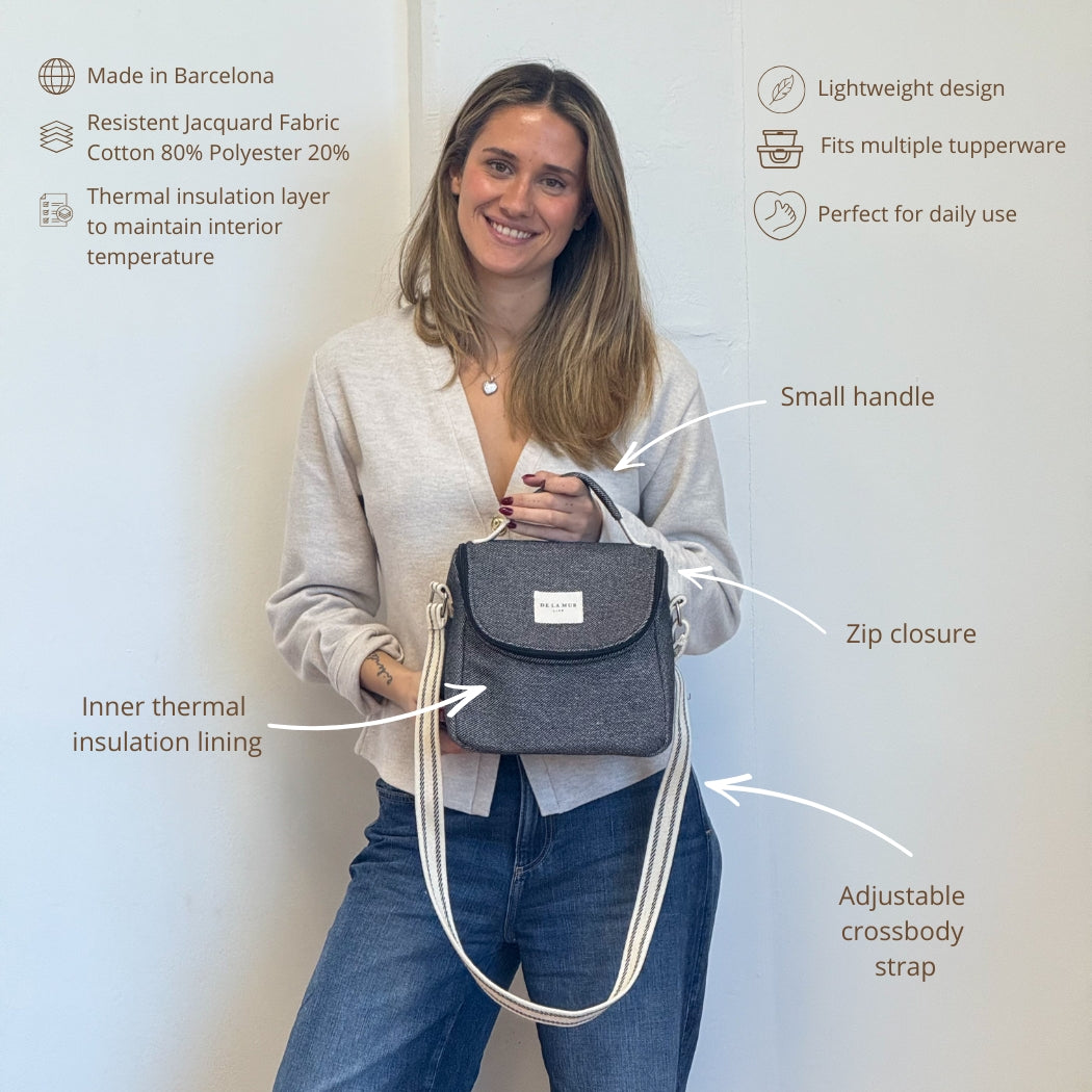 Model wearing the DE LA MUR Sinay insulated lunch bag crossbody with feature labels