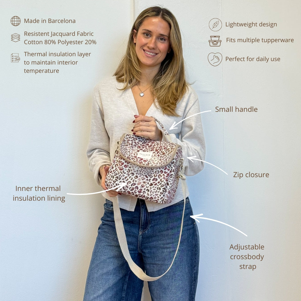 Model wearing the DE LA MUR Talco leopard insulated lunch bag crossbody with labels