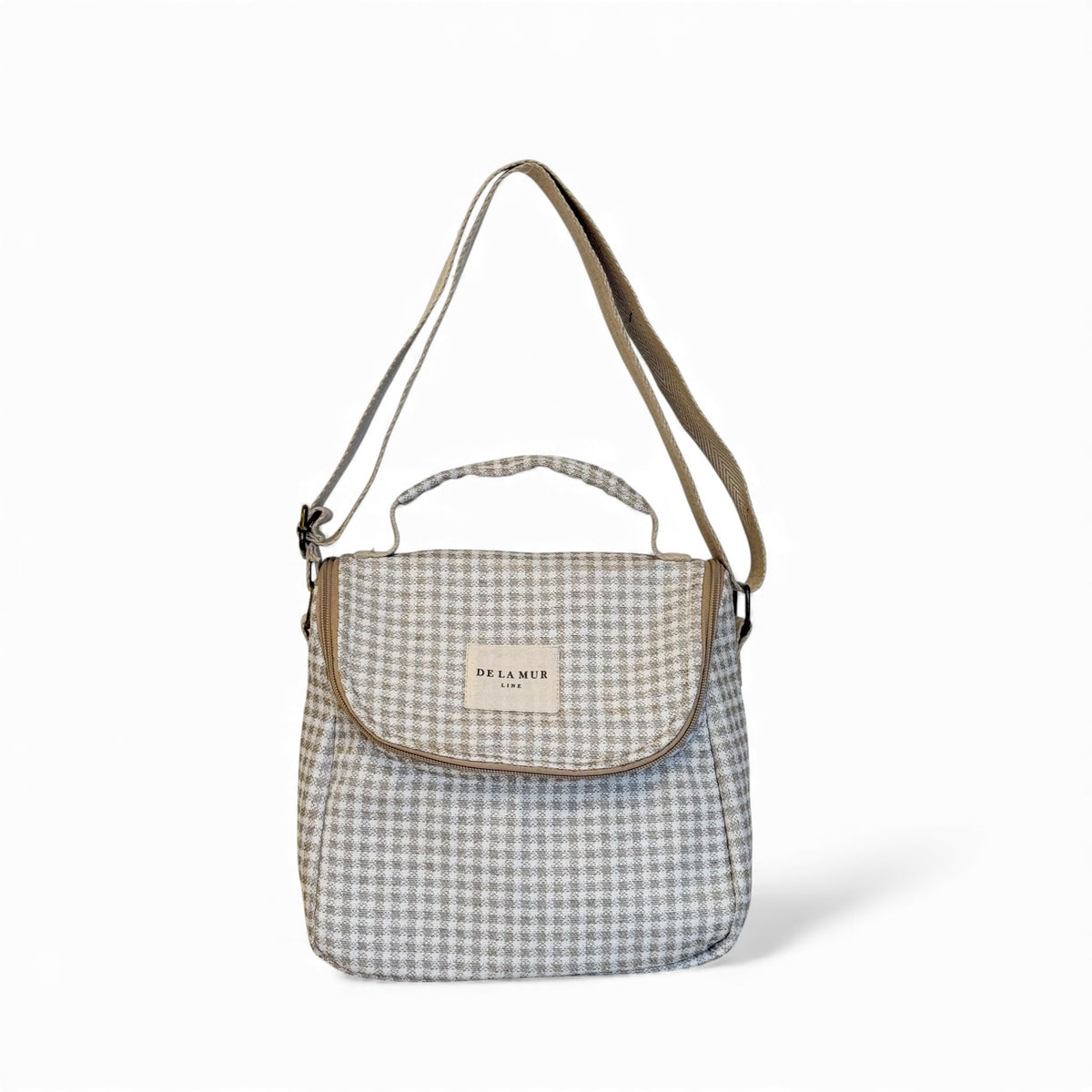 DE LA MUR Vison Vichy check jacquard lunch bag in beige and ecru, front view