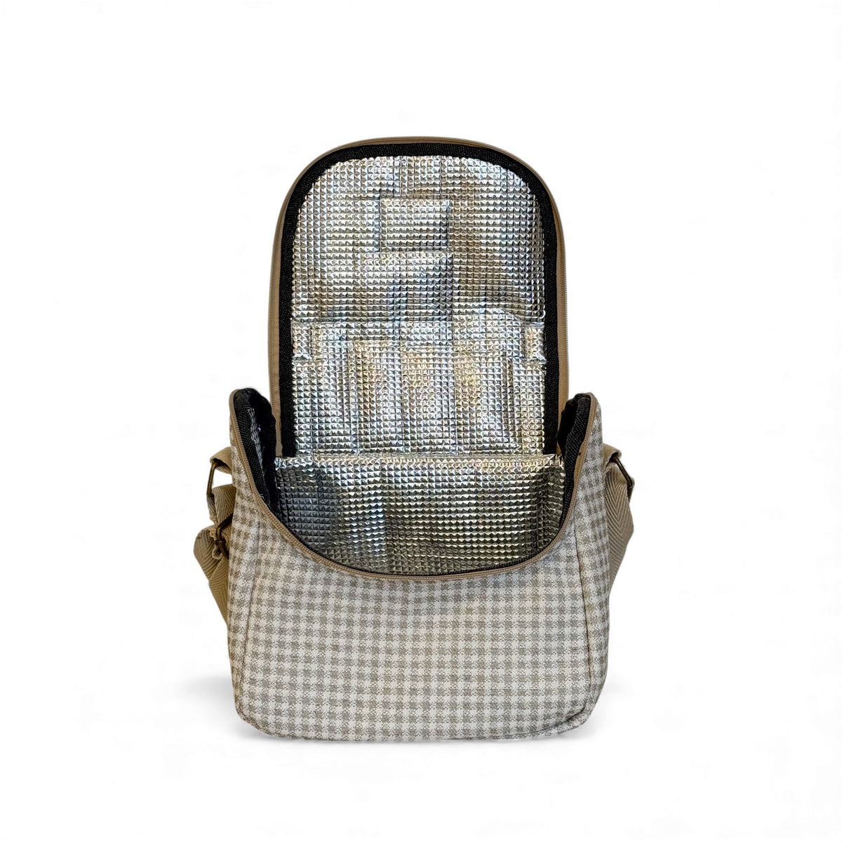 Open DE LA MUR Vison lunch bag showing the foil thermal insulated lining