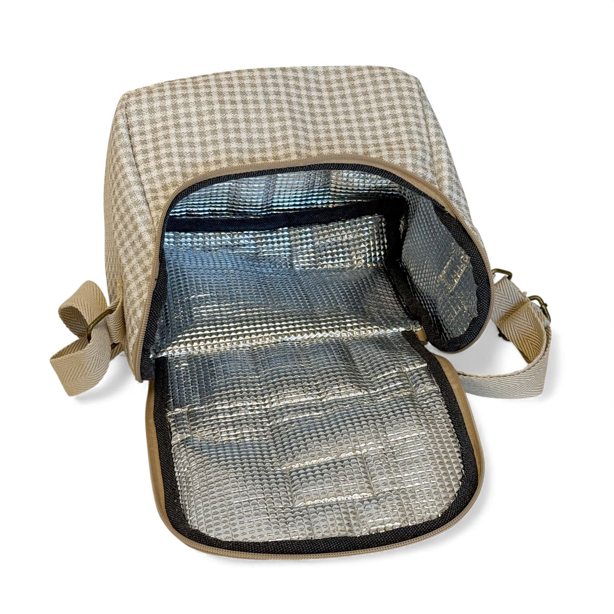 DE LA MUR Vison lunch bag opened flat showing the insulated interior compartment