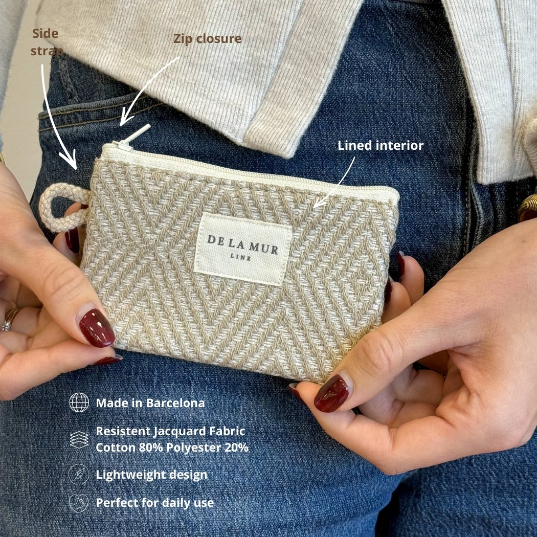 Model holding the DE LA MUR Arena coin purse with feature callouts
