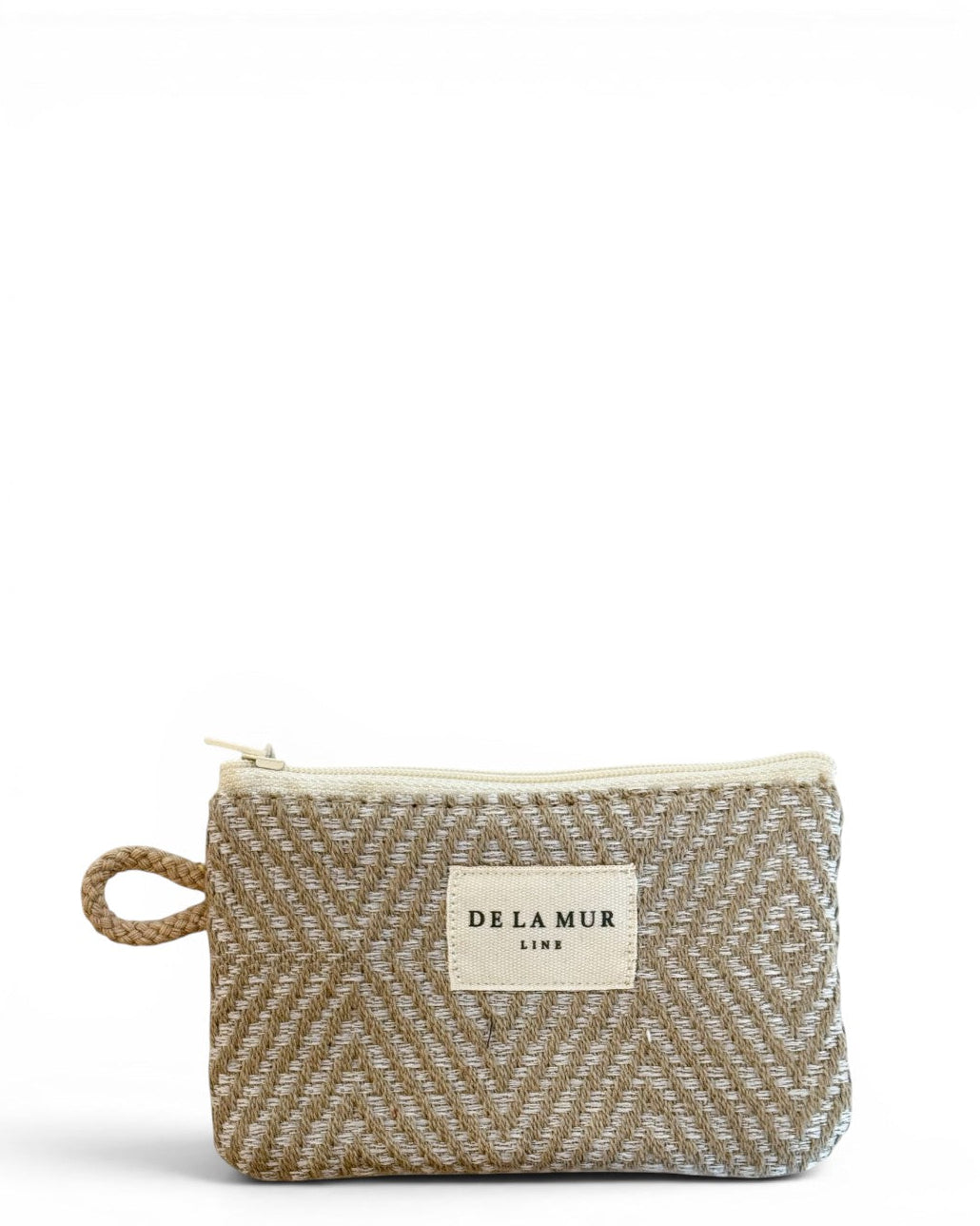 DE LA MUR Arena geometric jacquard coin purse in beige and gray, front view