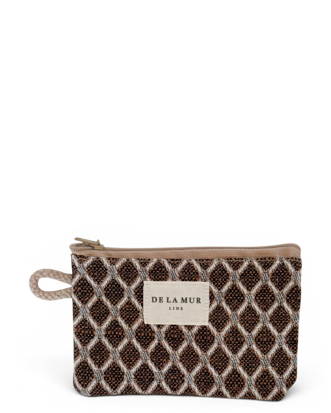 DE LA MUR geometric jacquard coin purse in beige and brown, front view