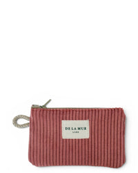DE LA MUR coral corduroy coin purse with side strap and zip, front view