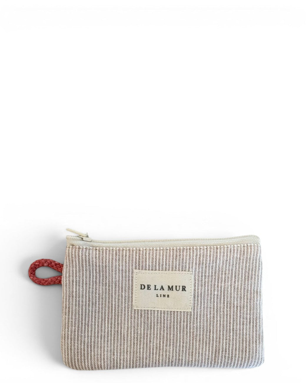 DE LA MUR Ibi striped coin purse in soft gray with red strap, front view