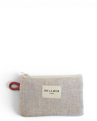 DE LA MUR Ibi striped coin purse in soft gray with red strap, front view