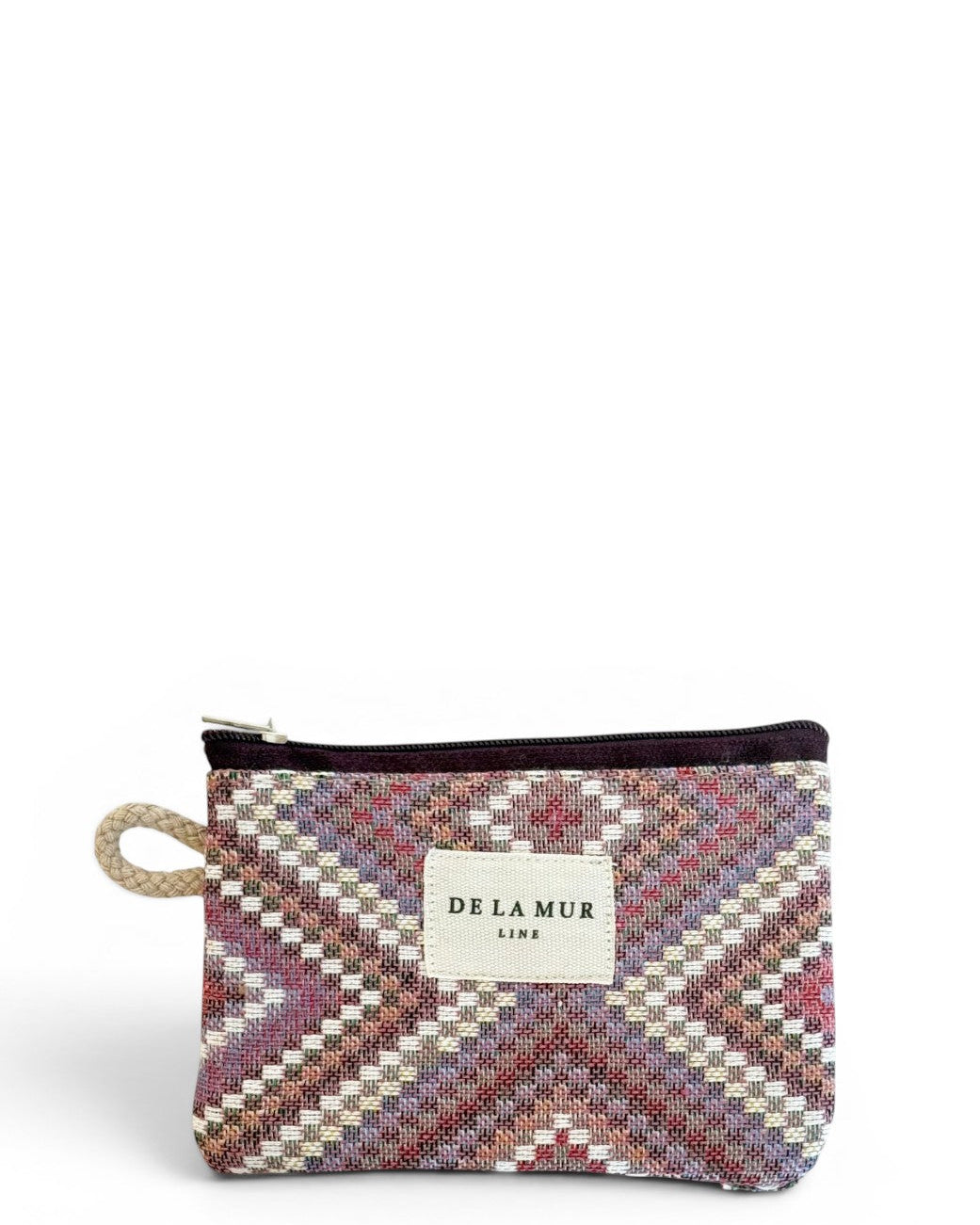 DE LA MUR Nana geometric jacquard coin purse in beige and pink, front view