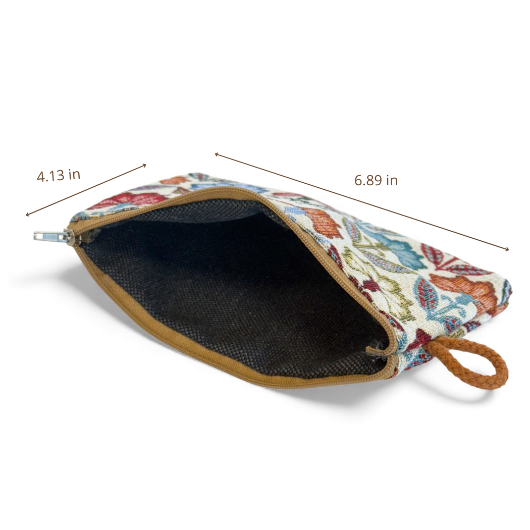 DE LA MUR Flora coin purse dimensions diagram, 6.89 x 4.13 in, showing open interior