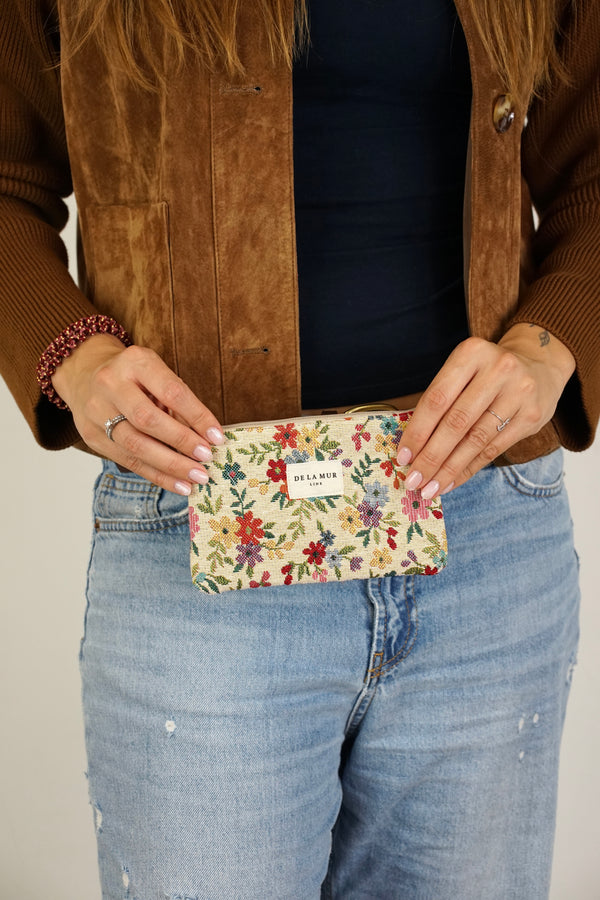 DE LA MUR Blum floral jacquard small makeup bag / coin purse, front view on white background