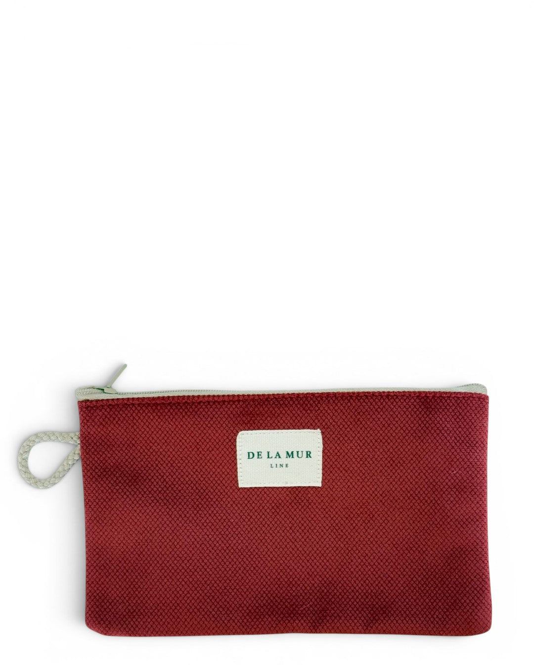 DE LA MUR burgundy textured makeup bag and coin purse with wrist strap, front view