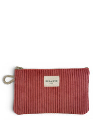 DE LA MUR coral corduroy makeup bag and coin purse with wrist strap, front view