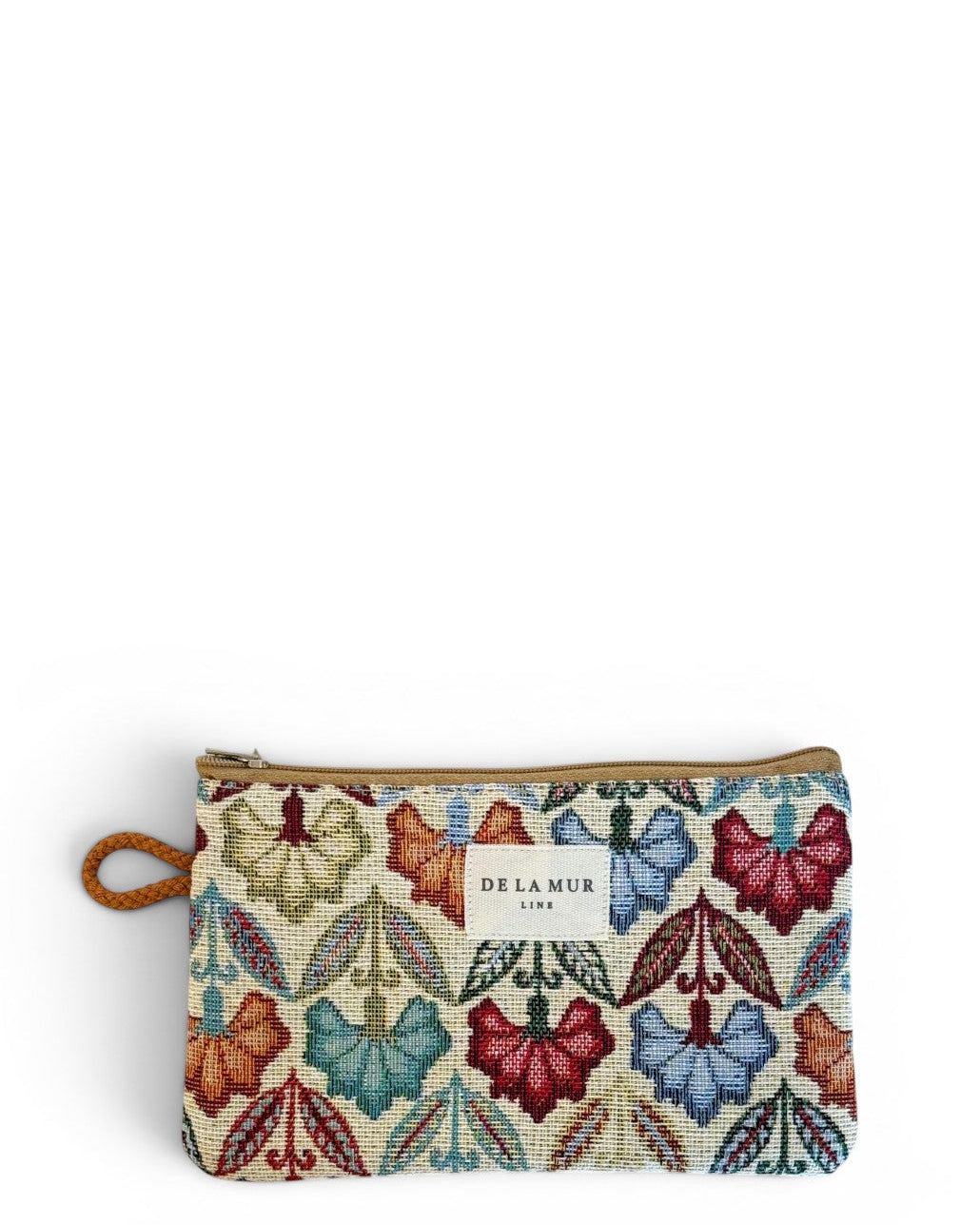 DE LA MUR Flora floral jacquard makeup bag in beige and multicolor, front view with strap