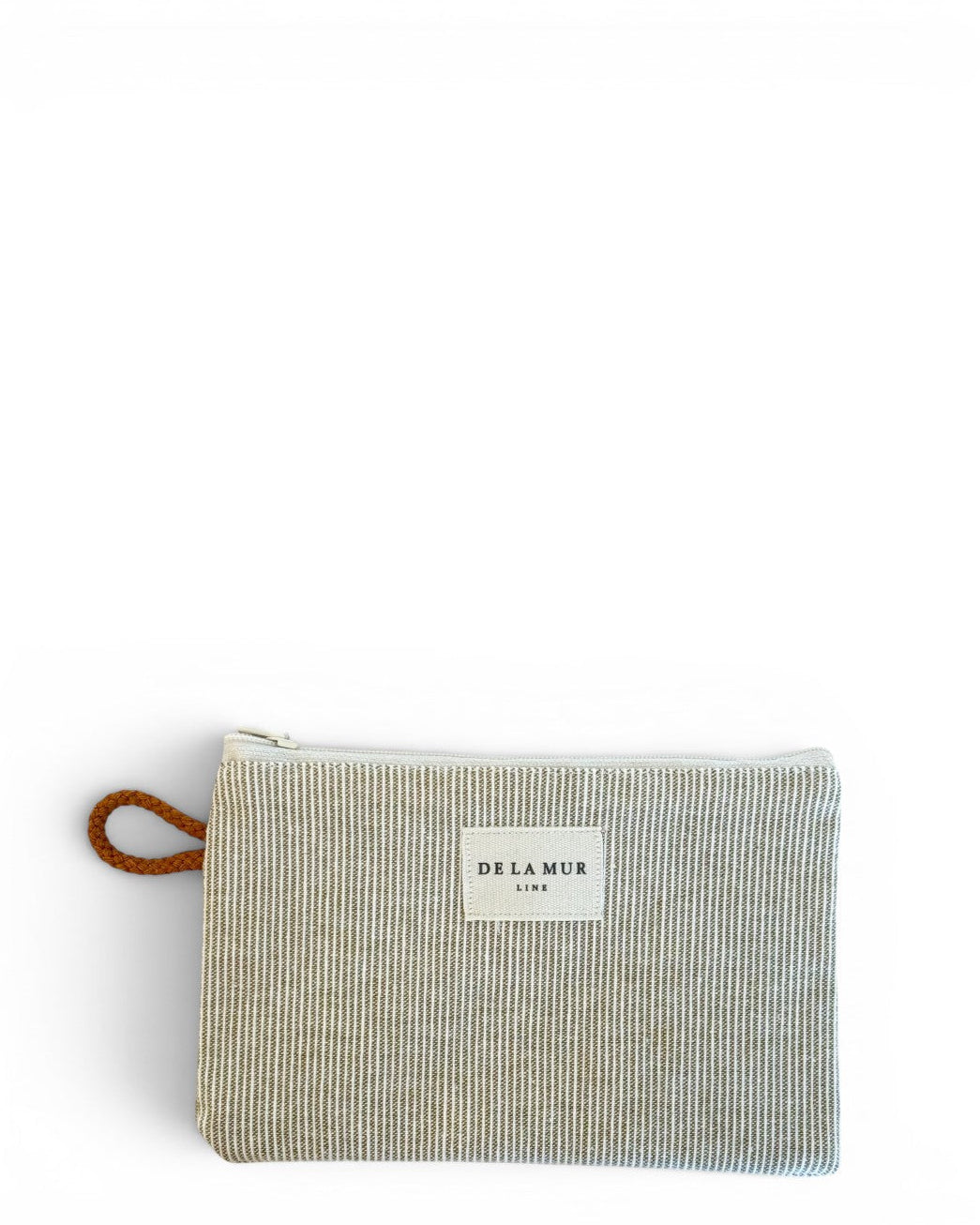 DE LA MUR Foz striped makeup bag in beige pinstripe with terracotta strap, front view
