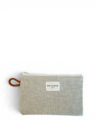 DE LA MUR Foz striped makeup bag in beige pinstripe with terracotta strap, front view