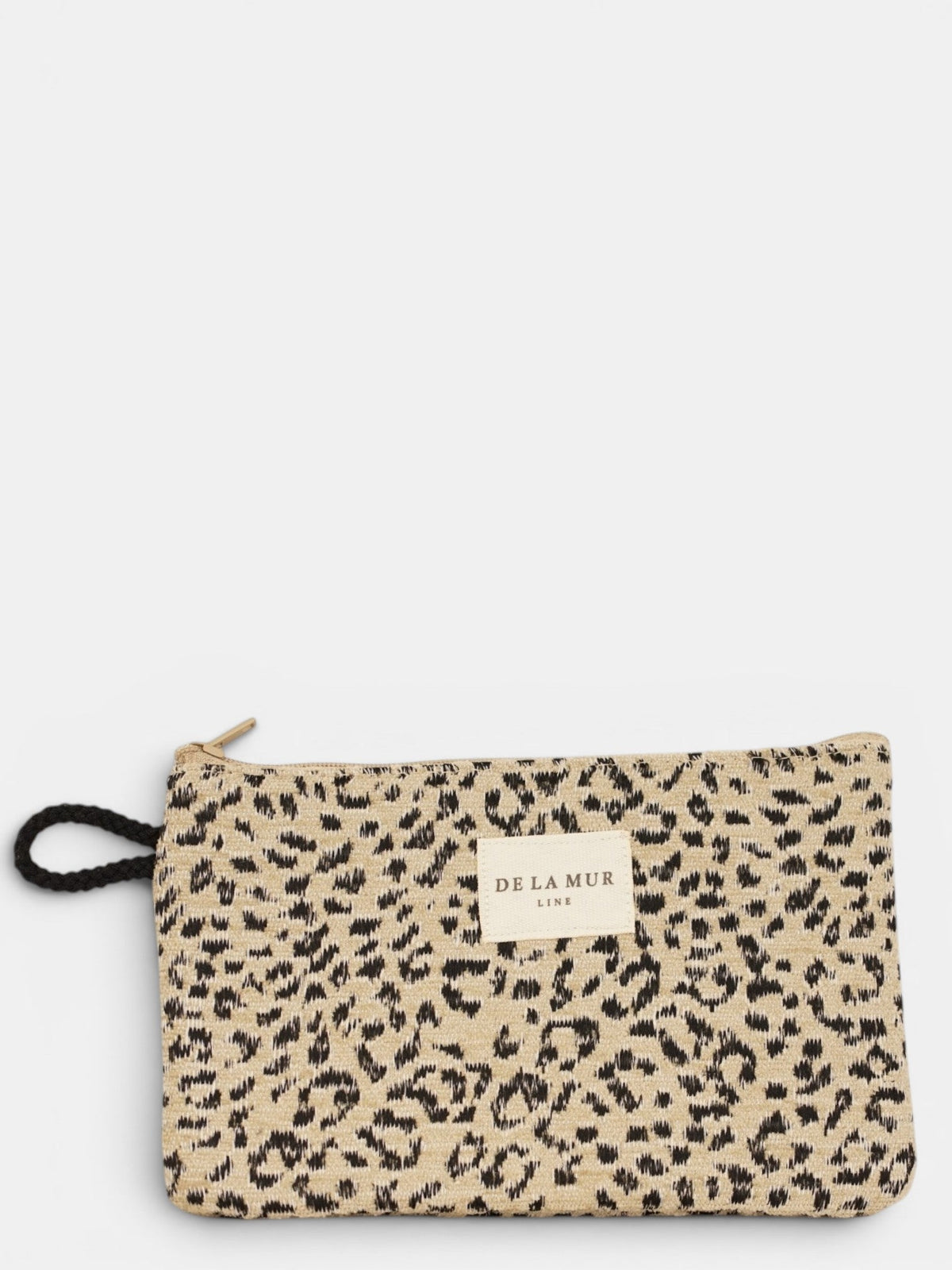 DE LA MUR Koto leopard jacquard makeup bag in beige and black, front view with wrist strap