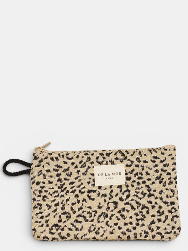 DE LA MUR Koto leopard jacquard makeup bag in beige and black, front view with wrist strap