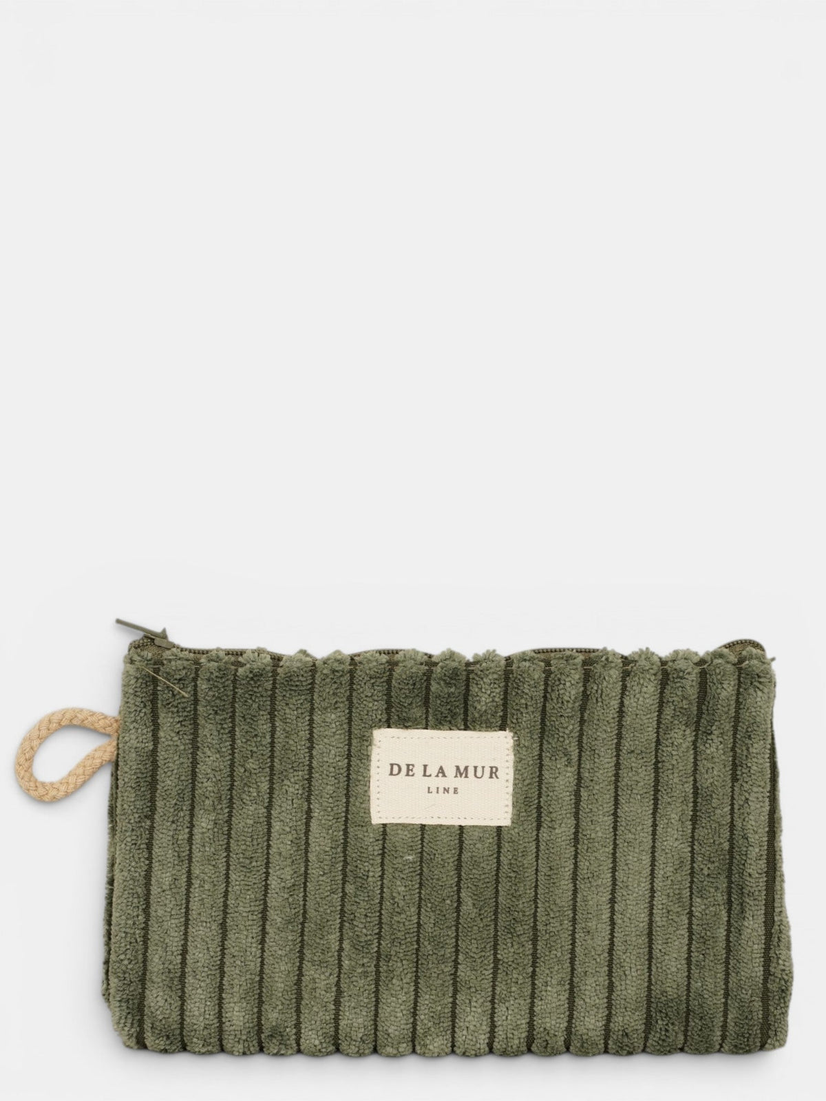 DE LA MUR olive green corduroy makeup bag / coin purse (Musgo), front view with wrist strap