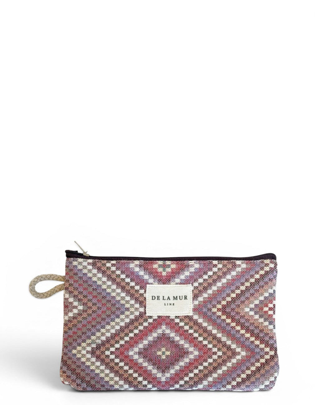 DE LA MUR Nana geometric jacquard makeup bag in beige and pink, front view