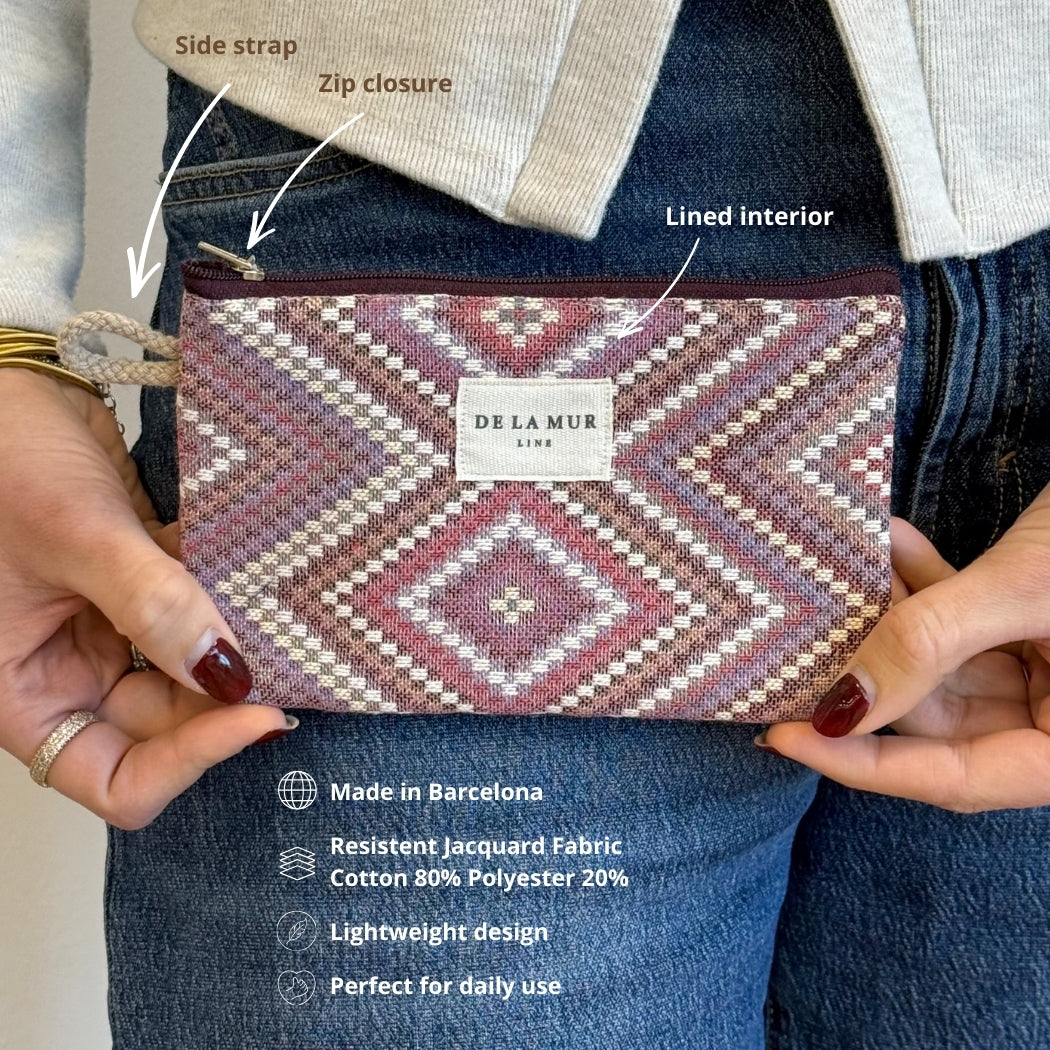 Hands holding DE LA MUR Nana pouch, infographic of strap, zip and lined interior