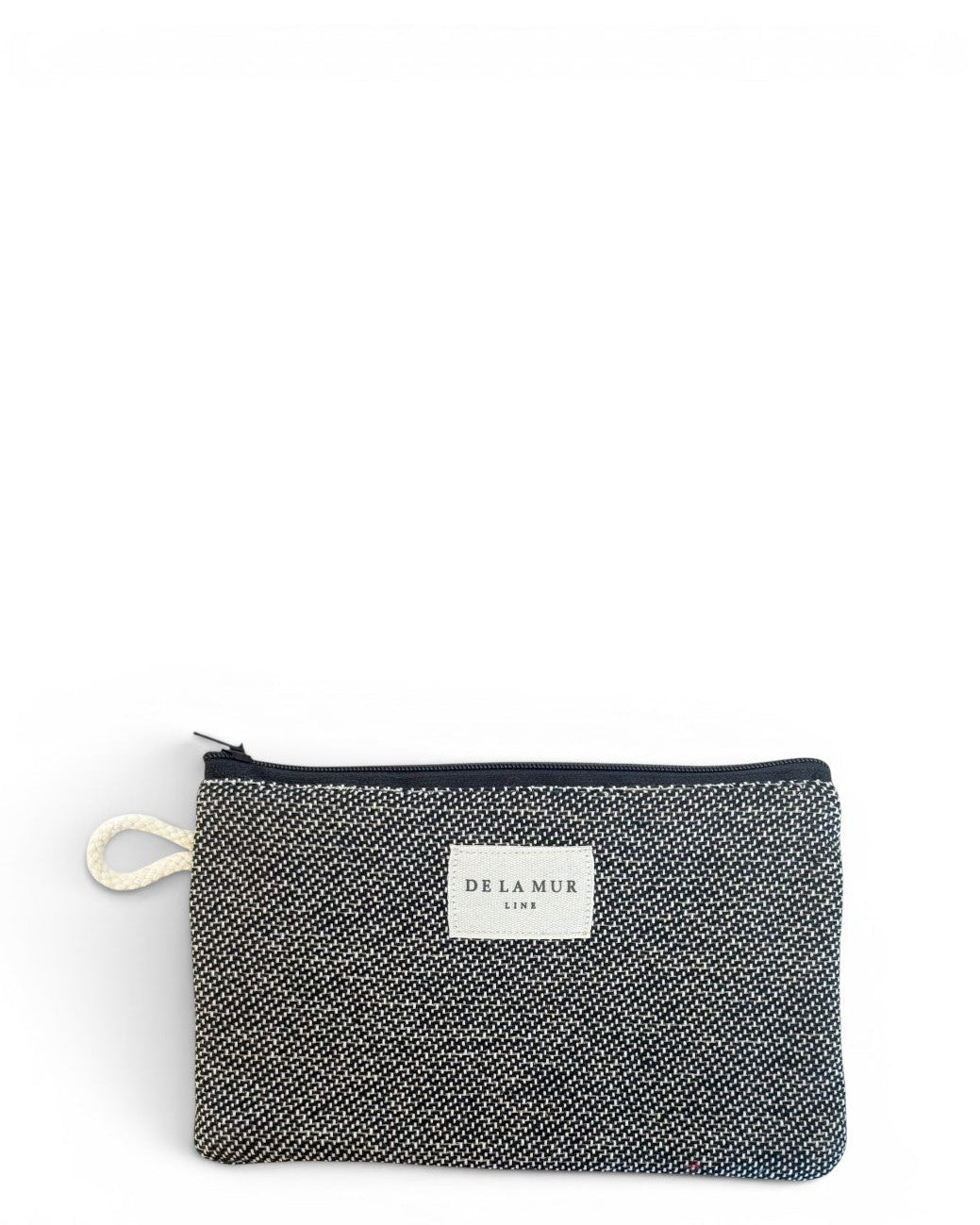 DE LA MUR Sinay jacquard makeup bag in natural and black, front view